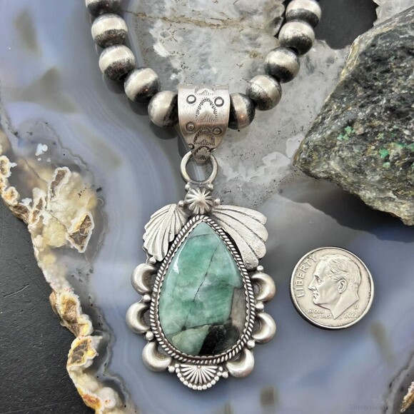 Sterling Southwestern Style Teardrop Emerald Decorated Pendant For Women - Picture 8 of 10